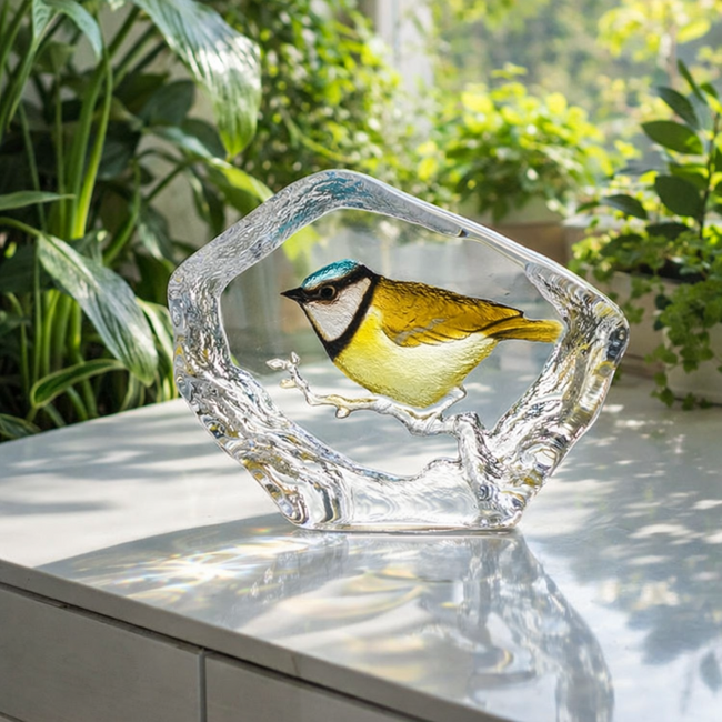 Schöne „Blaumeise“ in Kristall, entworfen von Mats Jonasson, Schweden