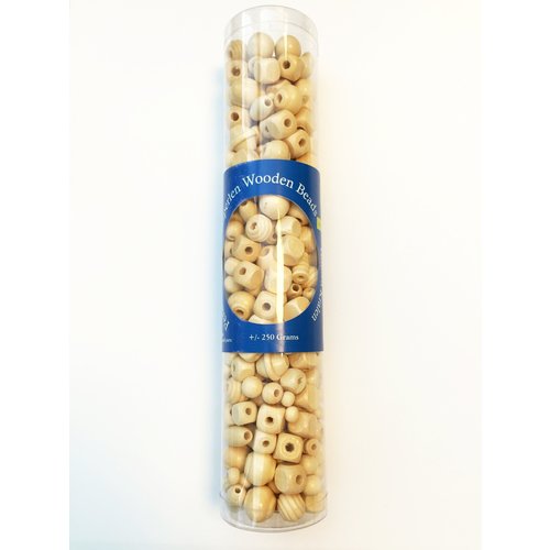 Koker met naturel kleurige houten kralen ca. 250 gram