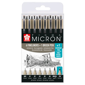 Sakura Sakura Pigma Micron Etui Promotieset met 7 fineliners Zwart + 1 gratis Pigma Micron PN