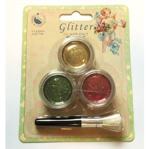 Glitterset met kwast en 3 kleuren glitter Groen Rood en Goud