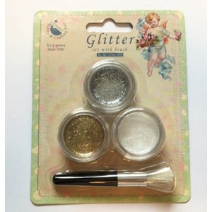 Hobby & Crafting Fun Glitterset met kwast en 3 kleuren glitter Goud Zilver en Wit