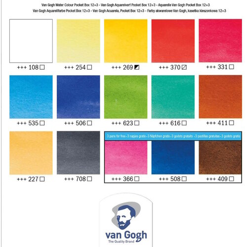 van Gogh van Gogh Aquarelverf pocket box Basic Colours met 12 kleuren in halve napjes + 3 gratis kleuren