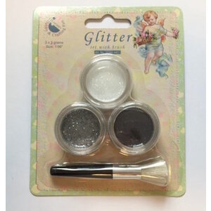 Hobby & Crafting Fun Glitterset met kwast en 3 kleuren glitter Zilver Zwart en Wit