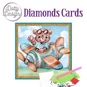 Dotty Designs   Diamond Painting Kaart Teddybear In Airplane