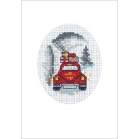 Permin Kerst Borduurkaart Red Car ca. 9 x 13 cm 17-9288