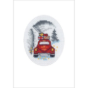 Permin Permin Kerst Borduurkaart Red Car ca. 9 x 13 cm 17-9288