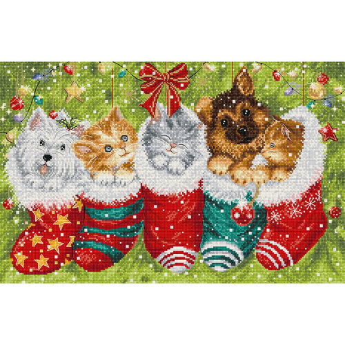 Leti Stitch Leti Stitch borduurpakket Dogs and Cats in Stockings 37 x 24 cm Leti Stitch Leti Stitch borduurpakket Dogs and Cats in Stockings 37 x 24 cm