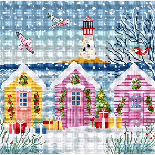 Leti Stitch Leti Stitch borduurpakket Snowy Sea Cottage 23 x 22 cm Leti Stitch Leti Stitch borduurpakket Snowy Sea Cottage 23 x 22 cm