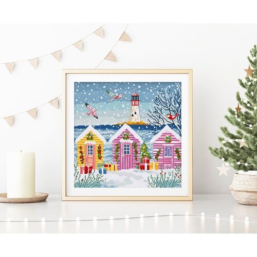 Leti Stitch Leti Stitch borduurpakket Snowy Sea Cottage 23 x 22 cm Leti Stitch Leti Stitch borduurpakket Snowy Sea Cottage 23 x 22 cm