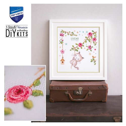 Vervaco Vervaco Borduurpakket geboorte Guitig poesje Vervaco Vervaco Borduurpakket geboorte Guitig poesje