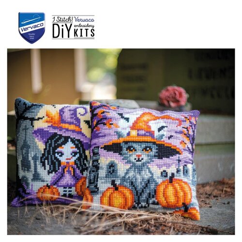 Vervaco Vervaco borduurpakket kussen Halloween kitten Vervaco Vervaco borduurpakket kussen Halloween kitten