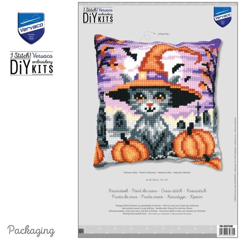 Vervaco Vervaco borduurpakket kussen Halloween kitten Vervaco Vervaco borduurpakket kussen Halloween kitten