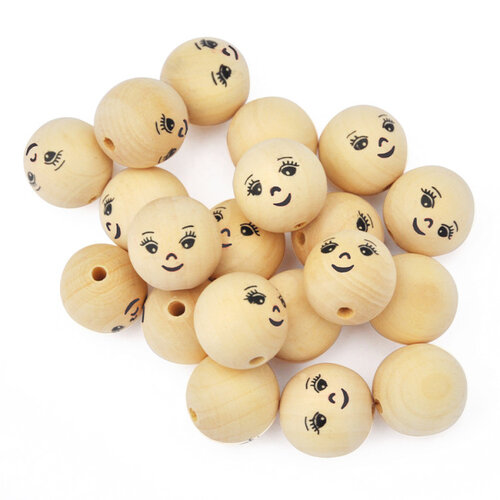 Playbox Houten kralen 22 mm met gezichtje naturel Playbox Houten kralen 22 mm met gezichtje naturel