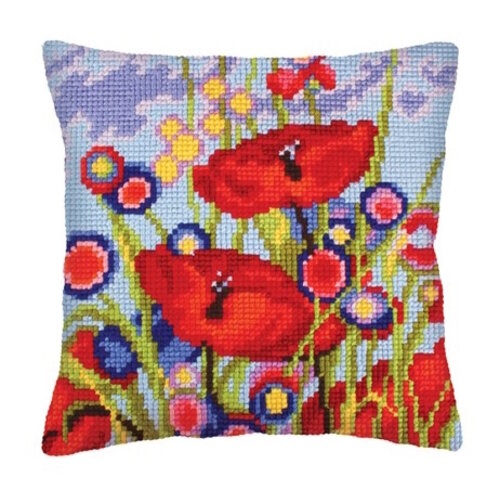 Collection D Art Borduurkussen Red Poppies 40 x 40 cm Collection D Art Borduurkussen Red Poppies 40 x 40 cm