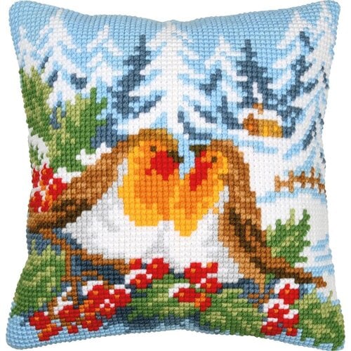 Vervaco Vervaco Borduur Kussen Roodborstjes in winterland 40 x 40 cm