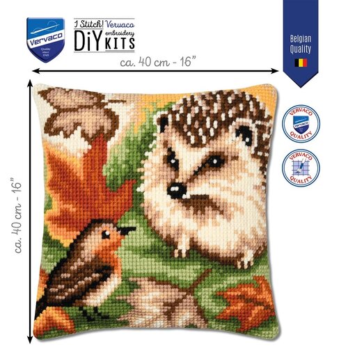 Vervaco Vervaco borduurpakket kussen Egel en roodborstje Vervaco Vervaco borduurpakket kussen Egel en roodborstje