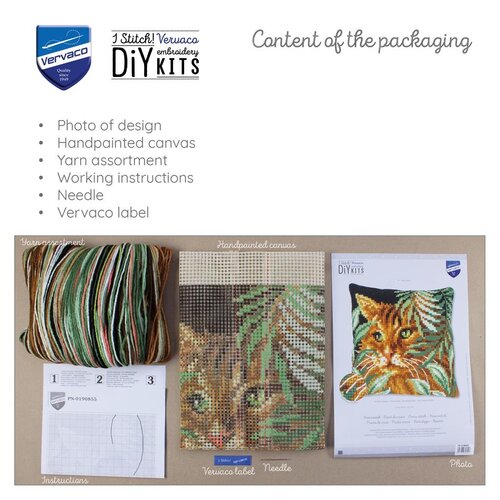 Vervaco Vervaco Borduurpakket Kussen Kat tussen de Bladeren Vervaco Vervaco Borduurpakket Kussen Kat tussen de Bladeren