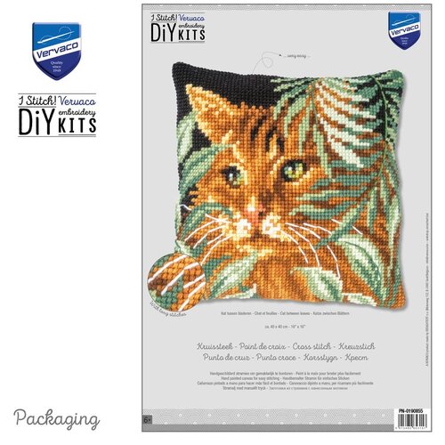 Vervaco Vervaco Borduurpakket Kussen Kat tussen de Bladeren Vervaco Vervaco Borduurpakket Kussen Kat tussen de Bladeren