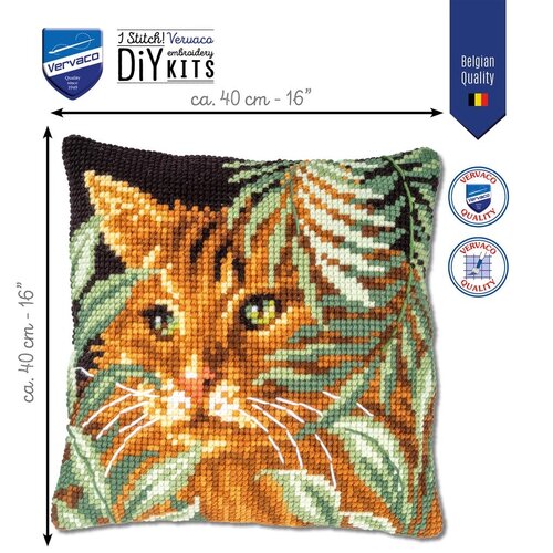 Vervaco Vervaco Borduurpakket Kussen Kat tussen de Bladeren Vervaco Vervaco Borduurpakket Kussen Kat tussen de Bladeren