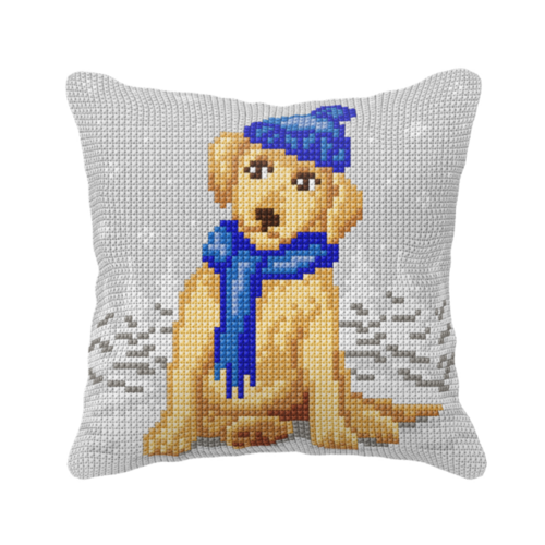 Orchidea Orchidea Borduurkussen Dog in a Blue hat 40 x 40 cm Orchidea Orchidea Borduurkussen Dog in a Blue hat 40 x 40 cm