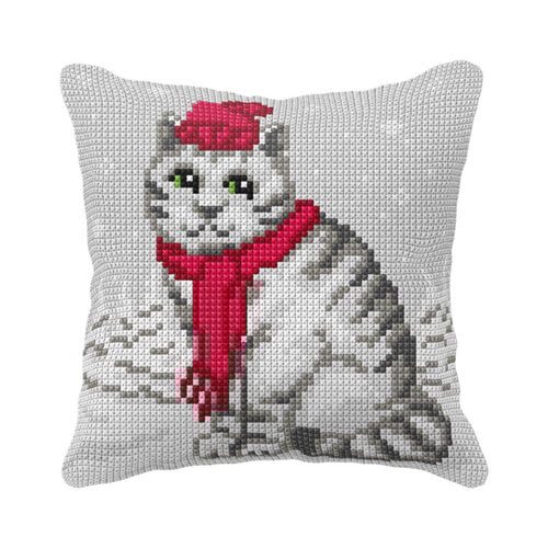 Orchidea Orchidea Borduurkussen Cat in a Red hat 40 x 40 cm Orchidea Orchidea Borduurkussen Cat in a Red hat 40 x 40 cm