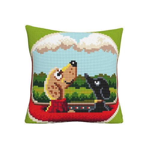 Collection D Art Borduur kussen Dog Travel 40 x 40 cm