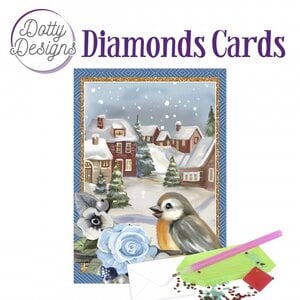 Dotty Designs   Diamond Painting  Kerstkaart Bird in a snowy Christmas village