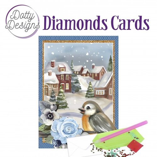 Dotty Designs   Diamond Painting  Kerstkaart Bird in a snowy Christmas village