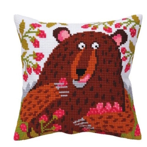 Collection D Art Kussen borduurpakket Bear in raspberry