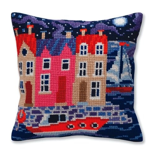 Collection D Art Kussen borduurpakket Night harbor 5385