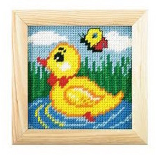 Orchidea Voorbedrukt Borduurpakket Eendje 10.5 x 10.5 cm met houten lijstje