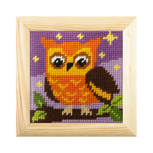 Orchidea Voorbedrukt Borduurpakket Uiltje 10.5 x 10.5 cm met houten lijstje