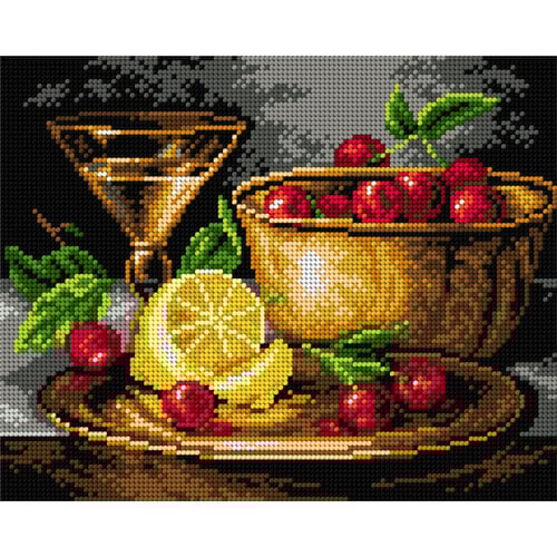 Orchidea Voorbedrukt borduurpakket Stilleven met Kersen op een Schaal Orchidea Voorbedrukt borduurpakket Stilleven met Kersen op een Schaal