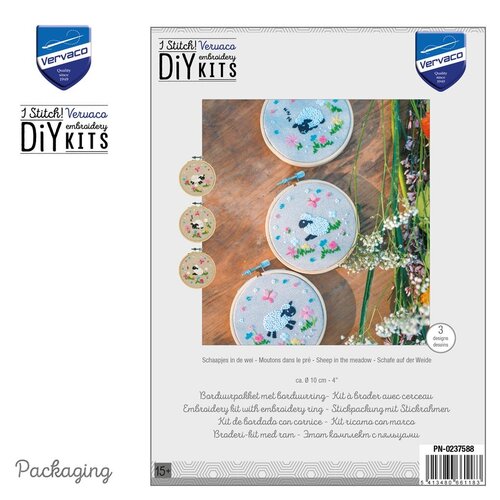 Vervaco Voorbedrukt Borduurpakket met borduurring Schaapjes in de wei  3 stuks