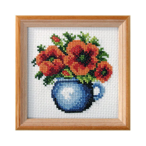 Orchidea Orchidea Voorbedrukt Borduurpakket Rode Klaprozen in Vaasje 11 x 11 cm