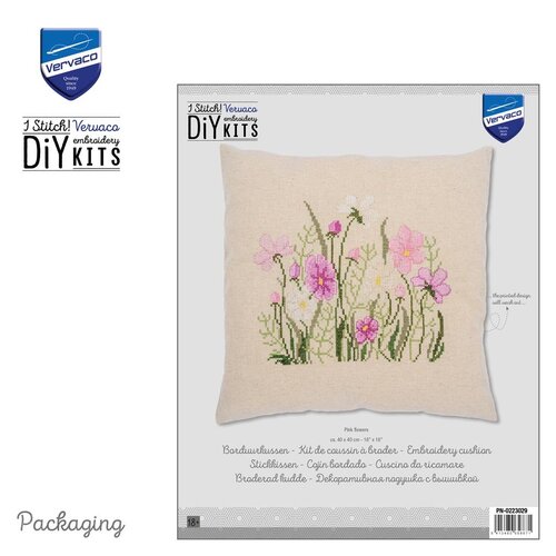 Vervaco Vervaco borduur kussen Pink flowers 40 x 40 cm