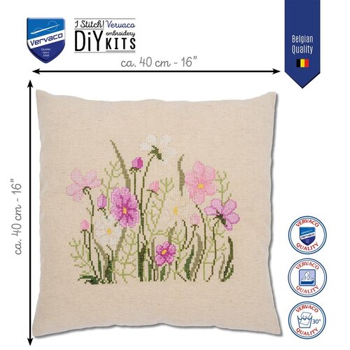 Vervaco Vervaco borduur kussen Pink flowers 40 x 40 cm