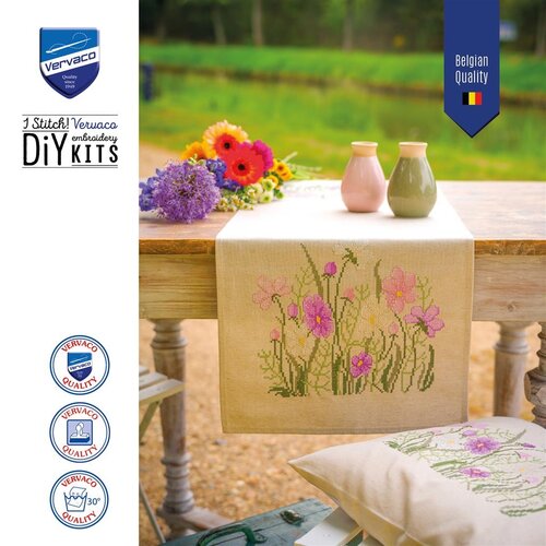Vervaco Vervaco Tafelloper Pink flowers 35 x 95 cm