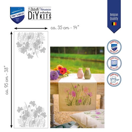Vervaco Vervaco Tafelloper Pink flowers 35 x 95 cm