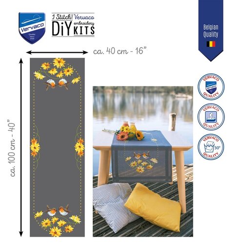 Vervaco Vervaco Tafelloper Roodborstjes en gele bloemen 40 x 100 cm
