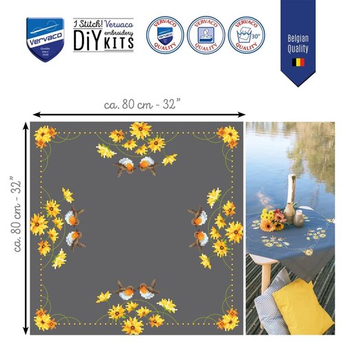 Vervaco Vervaco Tafelkleed Roodborstjes en gele bloemen 80 x 80 cm