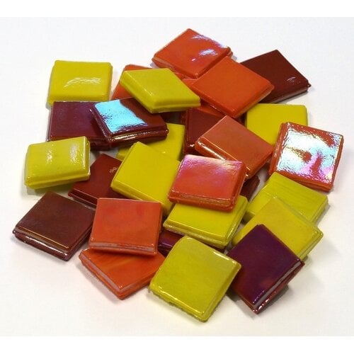Mozaiek Glas Steentjes 15 x 15 mm opaque geel rood ca. 100 stuks