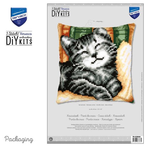 Vervaco Vervaco borduurpakket kussen Kat met boek 40 x 40 cm