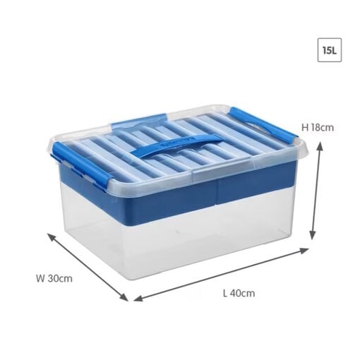 Kunststof Opbergbox Q-line 15L met bakje transparant blauw Kunststof Opbergbox Q-line 15L met bakje transparant blauw