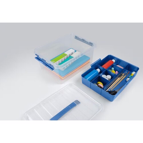 Kunststof Opbergbox Q-line 15L met bakje transparant blauw Kunststof Opbergbox Q-line 15L met bakje transparant blauw