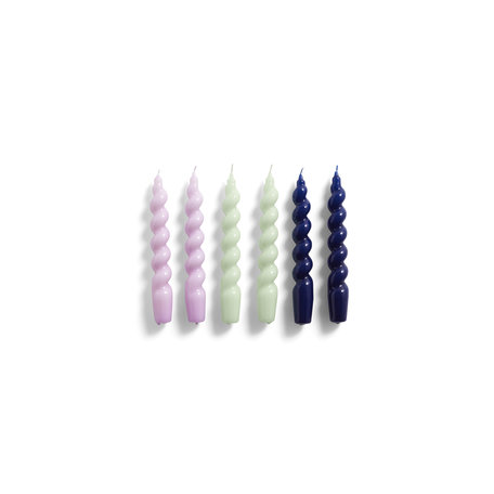 candle spiral set of 6 lilac, mint, midnight blue