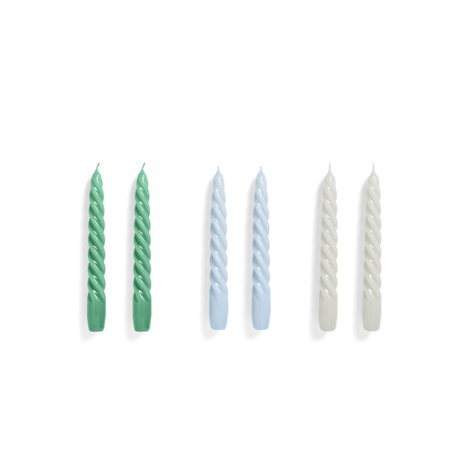 candle twisted set of 6 green - light blue-light grey