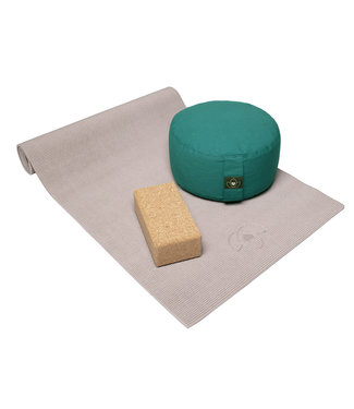 Lotus Starterspakket yogamat, meditatiekussen en blok - taupe effen