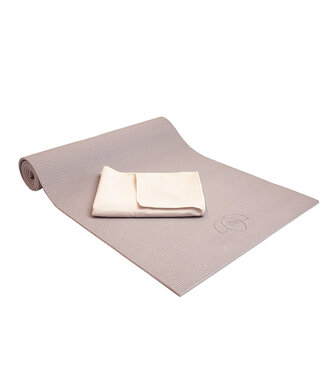 Lotus Grippakket: yogamat taupe en handdoek sand