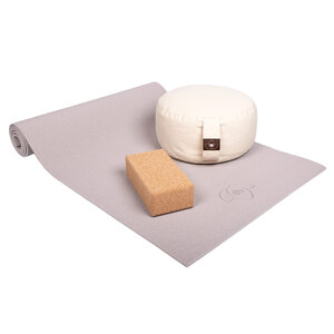Lotus Starterspakket yogamat taupe, sand meditatiekussen en blok